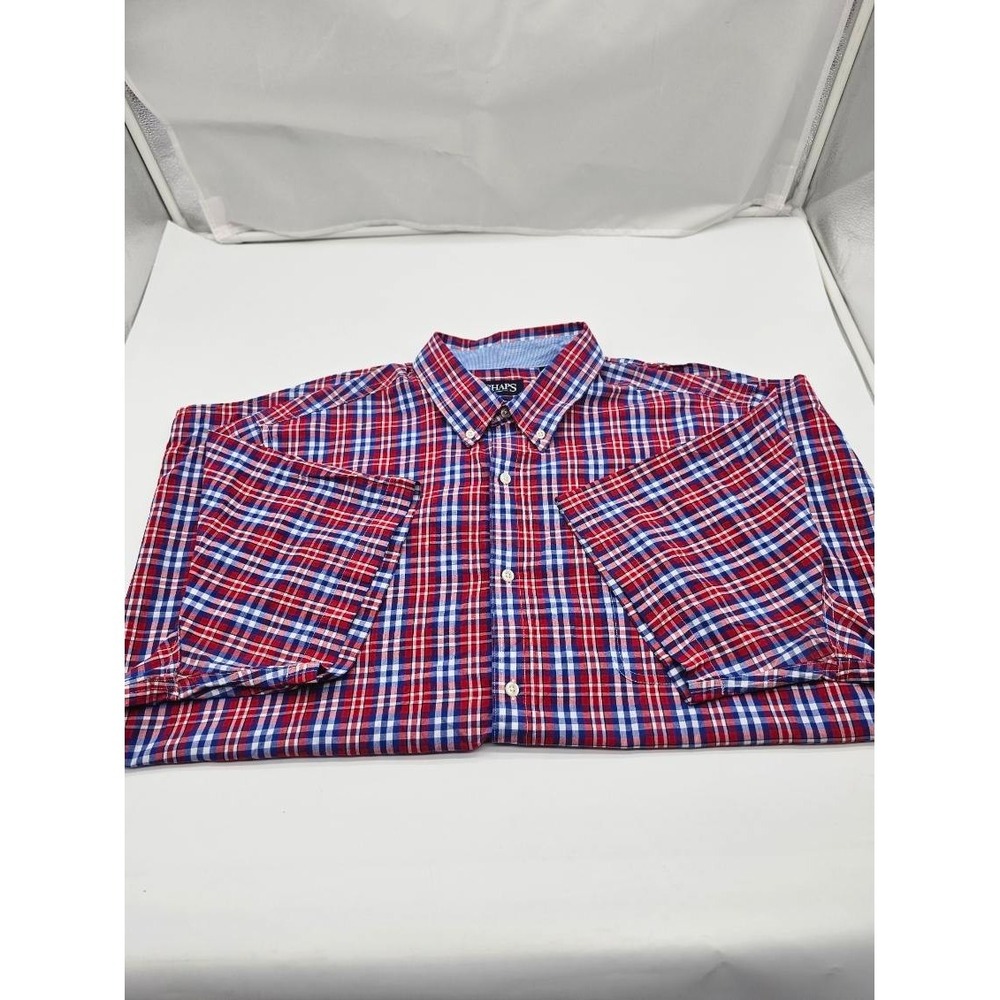 Chaps Men's Easy Care Button-Down Shirt Size 3X Red Plaid Short Sleeve Classic